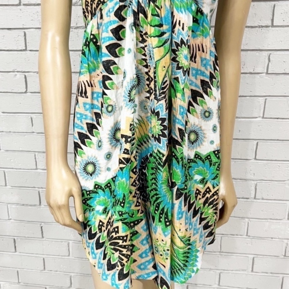 Daily Practice Anthropologie Green Blue Geometric Floral Keyhole Mini Dress M - Picture 4 of 5